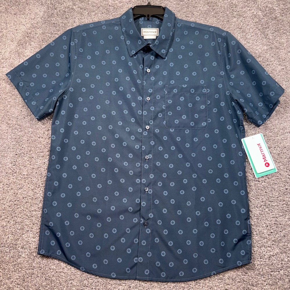 Marmot Arex Short Sleeve Shirt Mens UPF 40 Performance Navy Blue Large NEW - Picture 2 of 8